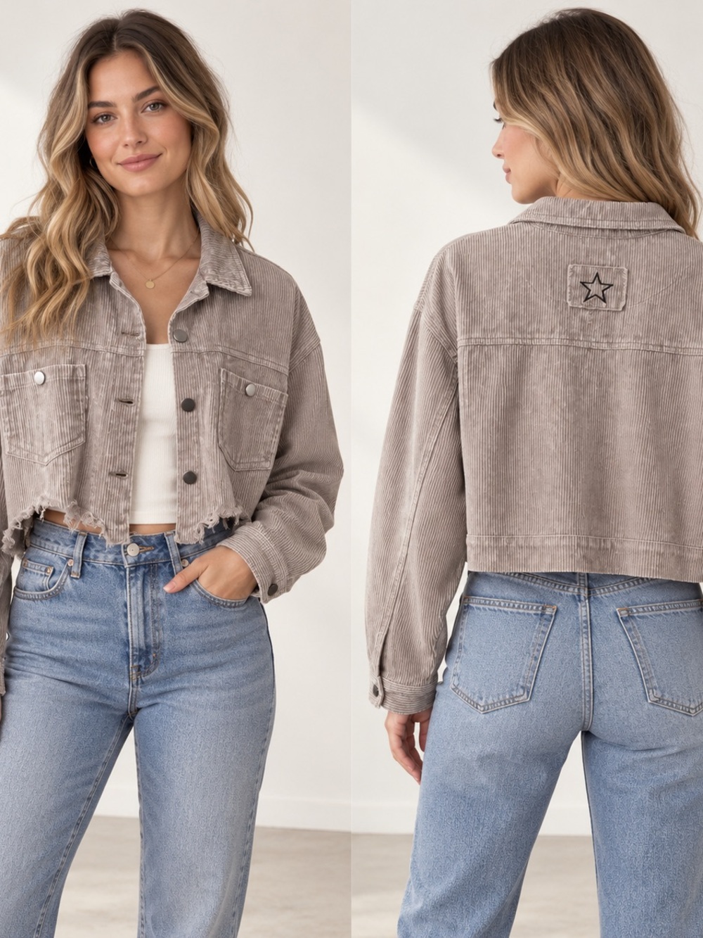 POL Cropped Corduroy Jacket in Taupe